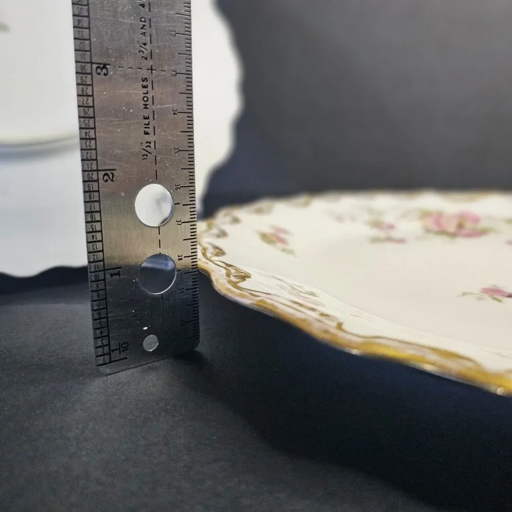 B&H Limoges France Set 2 Dinner Plates w Pink/White Flowers & Brushed Gold Edge